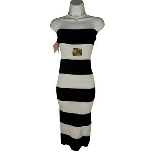 Miu Miu Womens Strapless Black & White Striped Ribbed Midi Dress